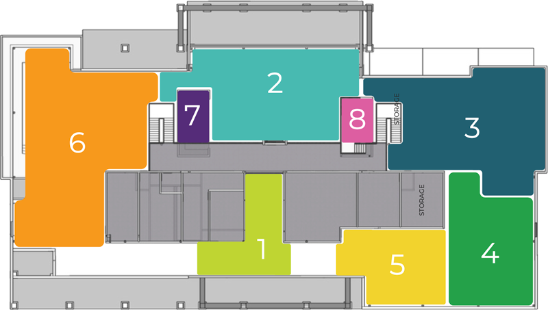 Overhead view of the museum concept plan with eight color-coded zones