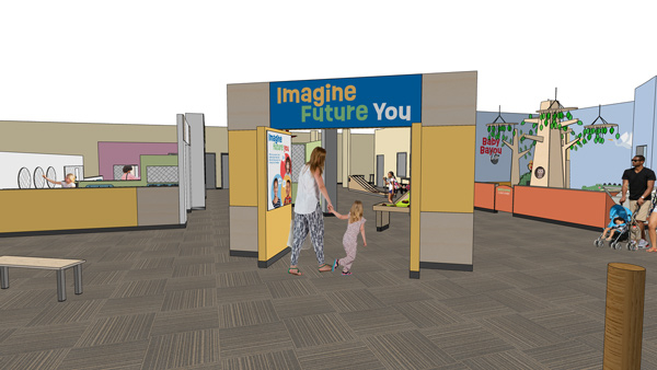 Rendering of the Imagine Future You gallery entrance with a family walking in