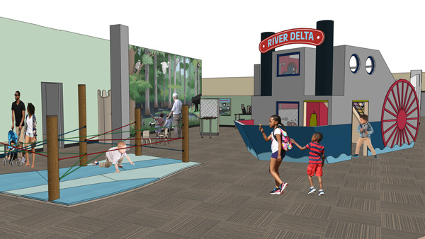 Rendering of Baby Bayou with a soft climbing area and a cypress mural