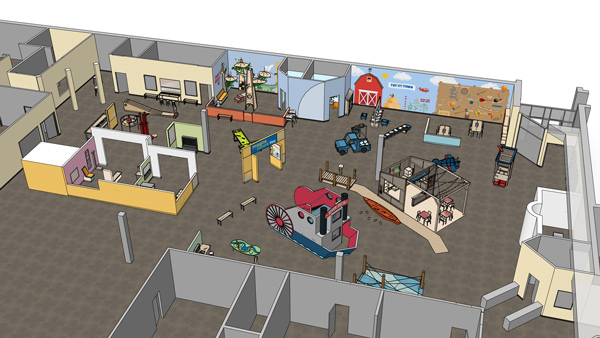 Rendering of the River Delta gallery with a paddle-wheel riverboat kids can climb into