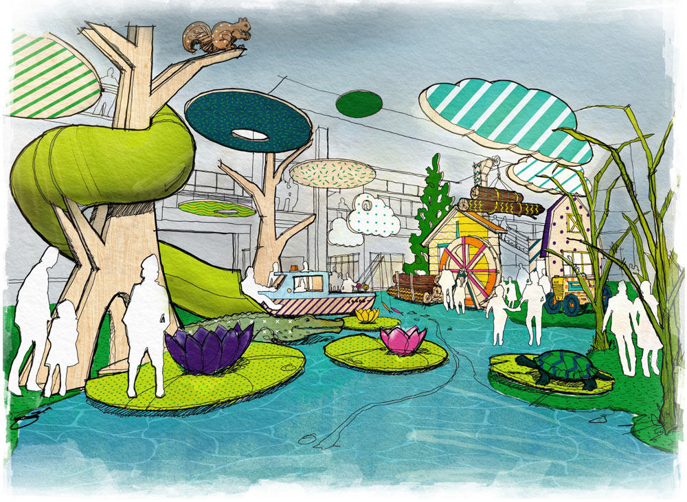 Hand-drawn concept art of the River Delta gallery: a paddle-wheel boat, lily pads, cypress trees and kids wading through a blue river floor